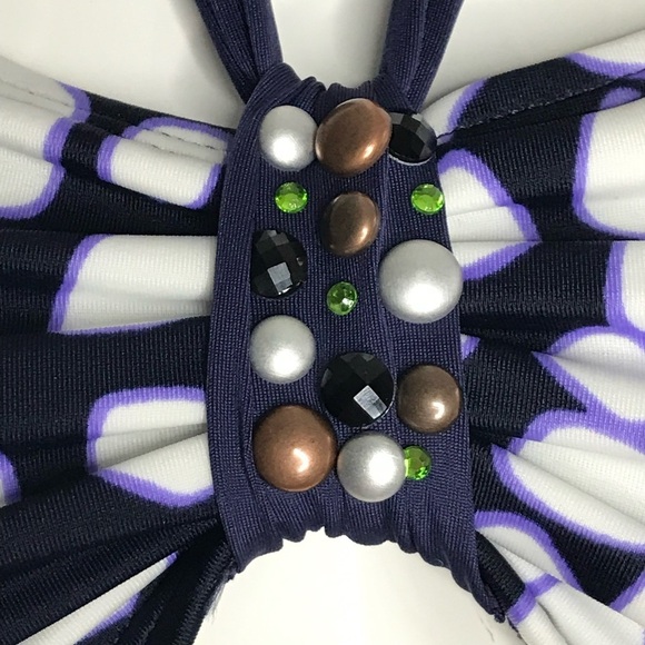 ST. JOHN Pebble Size 6 Bandeau & Halter Tie Embellished Swim Top Navy & White - Picture 3 of 15